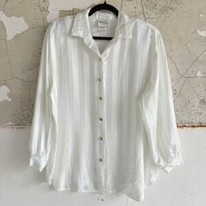 Vtg 80s Striped Button Down‎ Shirt Ivory Blouse Minimalist Womens XL TR Bentley